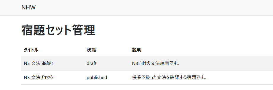 宿題セット管理画面。自分の宿題が一覧になっている